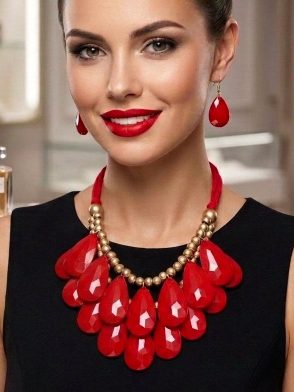 Statement Red Teardrop Bib Necklace with Matching Earrings